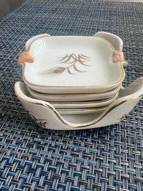 Lefton White Porcelain Ashtray Set  wheat with Gold Trim